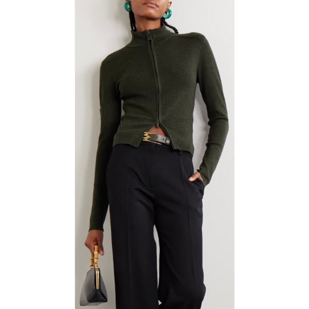 NWT Victoria Beckham Fine Merino Wool Blend Zip Up Jacket Oregano Green Small